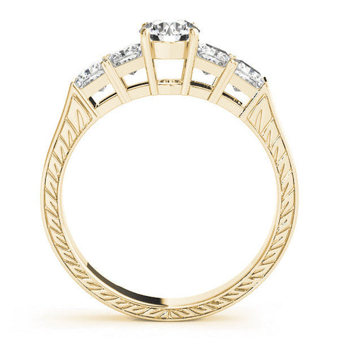 Yellow gold Round Solitaire Princess Side Stone Engraved Band Prong Setting Ring