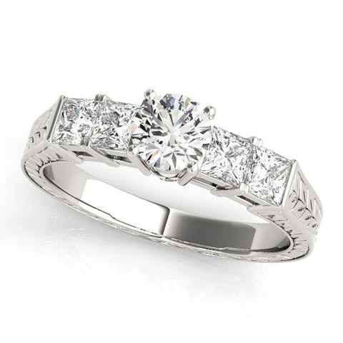 White gold Round Solitaire Princess Side Stone Engraved Band Prong Setting Ring