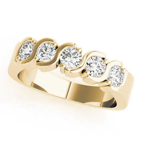 Yellow gold Five-Stone Round Diamond Wave Prong Setting White Gold Band