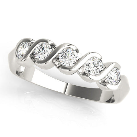 White gold Round Diamond Wave Band with Channel Setting and Shared Prongs