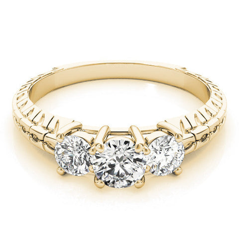 Yellow gold Three-Stone Round Cut Diamond Ring with Channel-Set Band and Prong Setting
