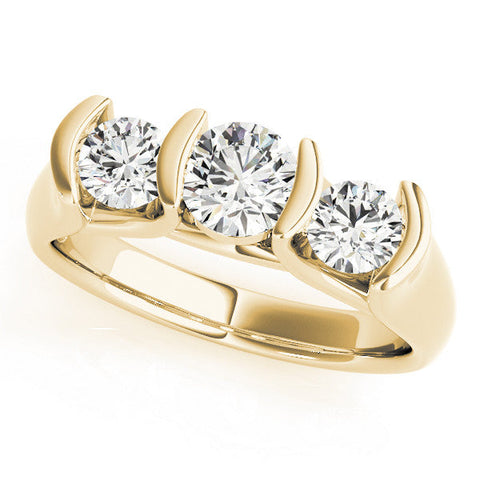 Yellow gold Three-Stone Round Diamond Trellis Engagement Ring with Channel-Set Band