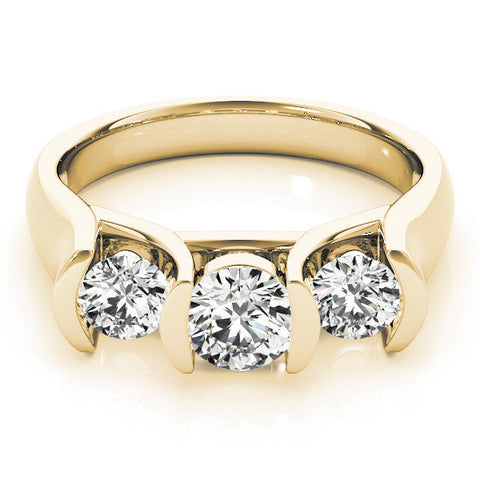 Yellow gold Three-Stone Round Diamond Trellis Engagement Ring with Channel-Set Band