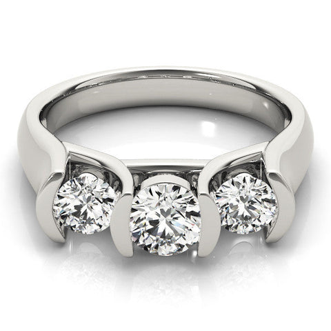 Platinum Three-Stone Round Diamond Trellis Engagement Ring with Channel-Set Band