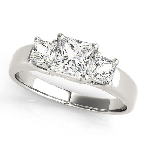 Silver Three-Stone Princess Cut Diamond Ring with Channel-Set Band and Four-Prong Setting