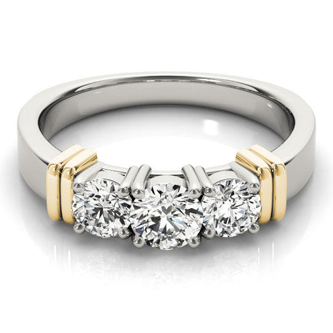 Yellow gold Three-Stone Round Brilliant Channel Set Diamond Ring with Bar Prong Setting