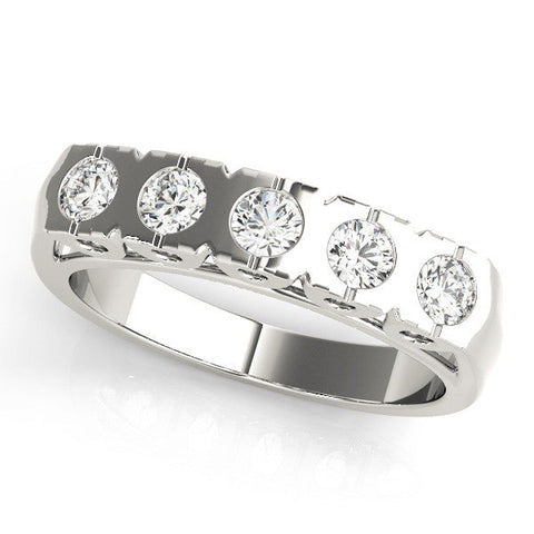 Silver Channel Set Round Diamond Flat Band with Prong Setting