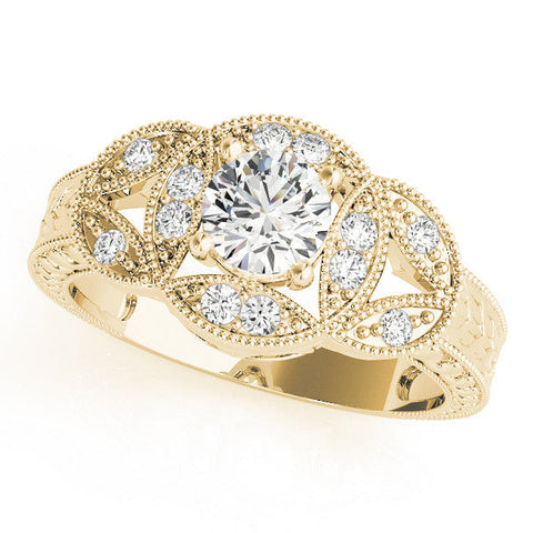 Yellow gold Heart Diamond Milgrain Marquise Filigree Engagement Ring with Prong Setting
