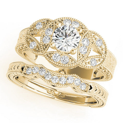 Yellow gold Emerald Diamond Milgrain Marquise Filigree Engagement Ring with Prong Setting