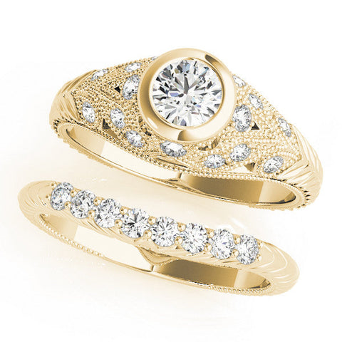 Yellow gold Bezel Set Round Diamond Milgrain Band Ring