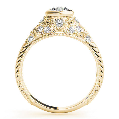 Yellow gold Bezel Set Round Diamond Milgrain Band Ring