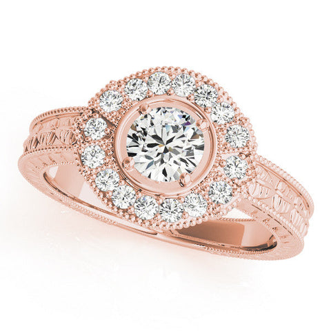 Rose gold Emerald Halo Diamond Ring with Milgrain Bezel and Prong Setting