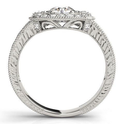 Platinum Emerald Halo Diamond Ring with Milgrain Bezel and Prong Setting