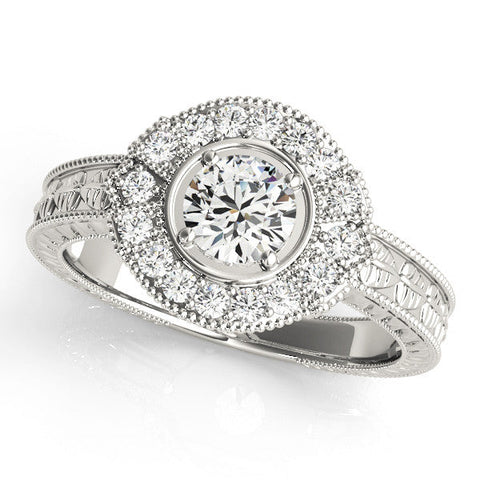 Platinum Emerald Halo Diamond Ring with Milgrain Bezel and Prong Setting