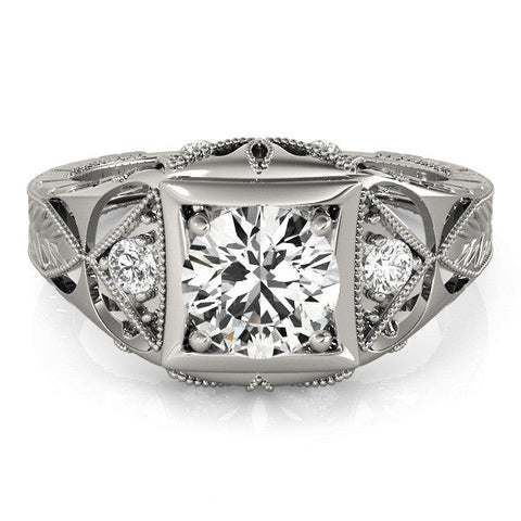 Platinum Milgrain Bezel Round-Cut Filigree Engagement Ring