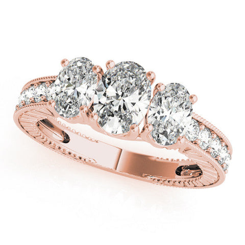 Rose gold Three-Stone Marquise Diamond Milgrain Pave Band with Prong Setting