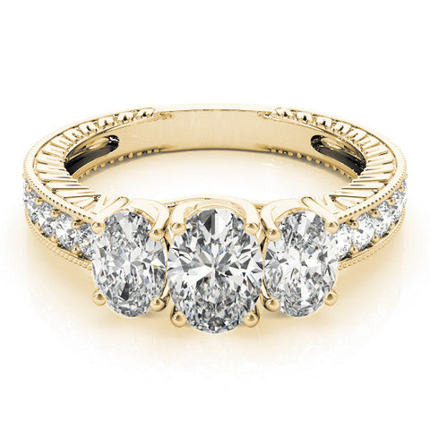Yellow gold Three-Stone Heart Diamond Milgrain Pave Band with Prong Setting