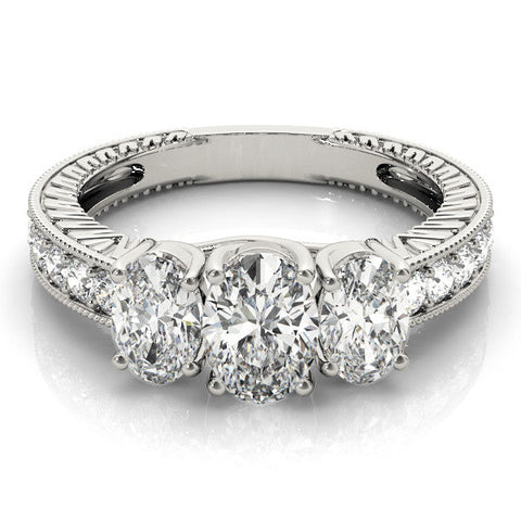 Platinum Three-Stone Pear Diamond Milgrain Pave Band with Prong Setting
