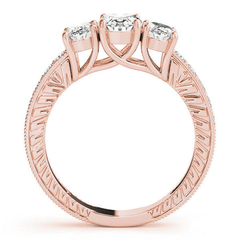 Rose gold Three-Stone Oval Diamond Milgrain Pave Band with Prong Setting