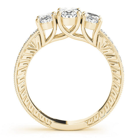 Yellow gold Three-Stone Radiant Diamond Milgrain Pave Band with Prong Setting