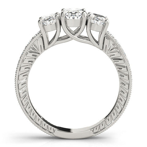 White gold Three-Stone Oval Diamond Milgrain Pave Band with Prong Setting