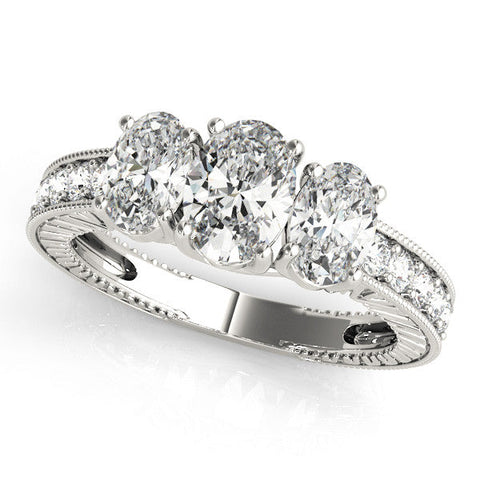 Platinum Three-Stone Cushion Diamond Milgrain Pave Band with Prong Setting