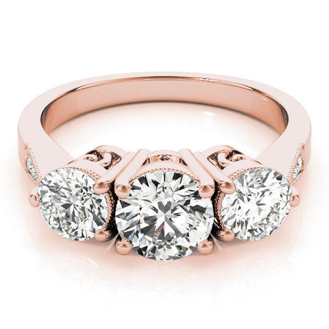 Rose gold Three-Stone Heart Diamond Engagement Ring with Prong Setting on a Classic Band