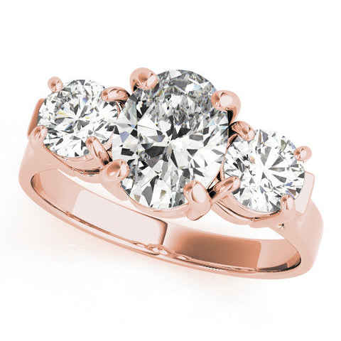 Rose gold Three-Stone Radiant Cut Diamond Ring with Round Accent Stones, Prong Setting, and Classic Band