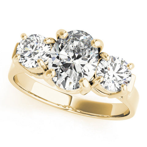 Yellow gold Three-Stone Princess Cut Diamond Ring with Round Accent Stones, Prong Setting, and Classic Band