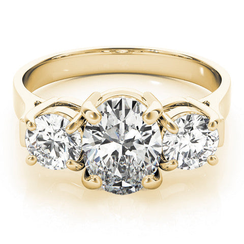 Yellow gold Three-Stone Heart Cut Diamond Ring with Round Accent Stones, Prong Setting, and Classic Band