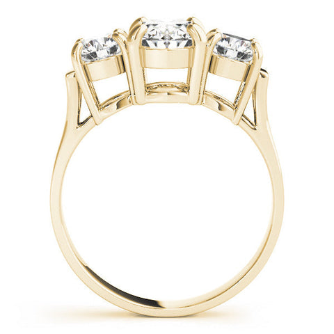 Yellow gold Three-Stone Pear Cut Diamond Ring with Round Accent Stones, Prong Setting, and Classic Band