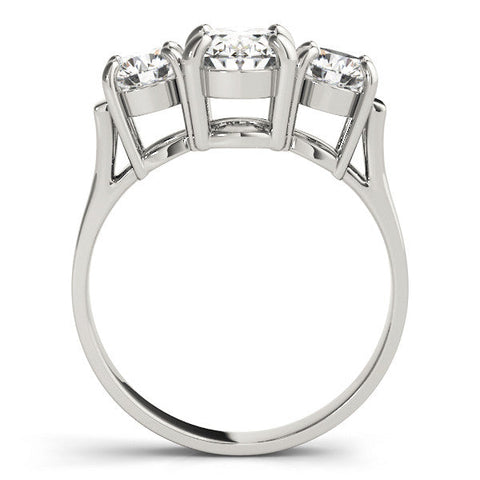 Platinum Three-Stone Heart Cut Diamond Ring with Round Accent Stones, Prong Setting, and Classic Band