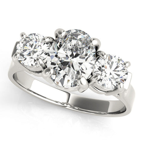 White gold Three-Stone Princess Cut Diamond Ring with Round Accent Stones, Prong Setting, and Classic Band