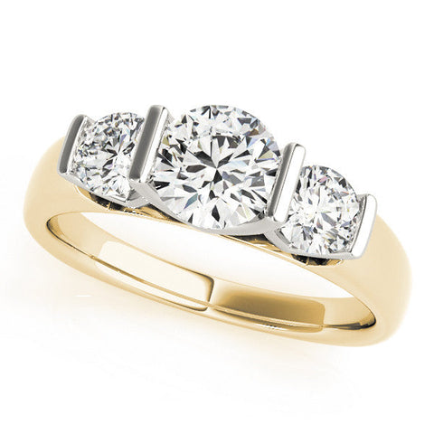 Yellow gold Three-Stone Round Brilliant Diamond Ring with Channel Setting and White Gold Band