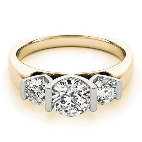 Yellow gold Three-Stone Round Brilliant Diamond Ring with Channel Setting and White Gold Band