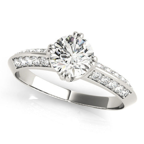 Silver Round Brilliant Split Shank Pave Diamond Engagement Ring with Four-Prong Setting
