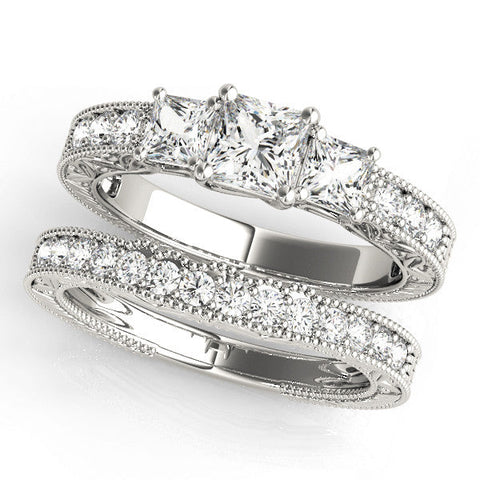 White gold Three-Stone Princess Cut Milgrain Pavé Engagement Ring