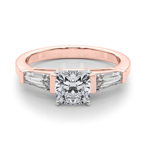 Rose gold Cushion Cut Diamond Solitaire Ring with Tapered Baguette Accents and Four-Prong Setting