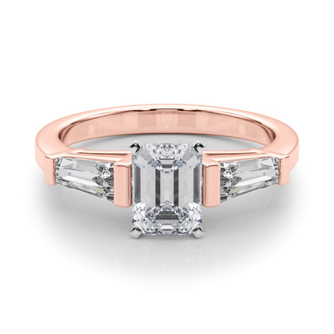 Rose gold Emerald Cut Diamond Solitaire Ring with Tapered Baguette Accents and Four-Prong Setting