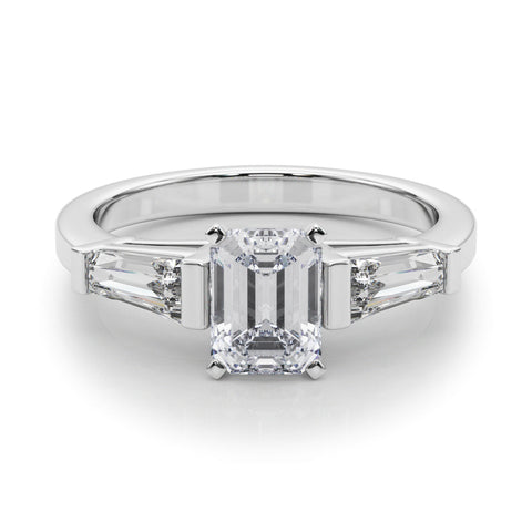 White gold Radiant Cut Diamond Solitaire Ring with Tapered Baguette Accents and Four-Prong Setting