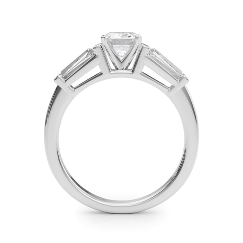 White gold Radiant Cut Diamond Solitaire Ring with Tapered Baguette Accents and Four-Prong Setting