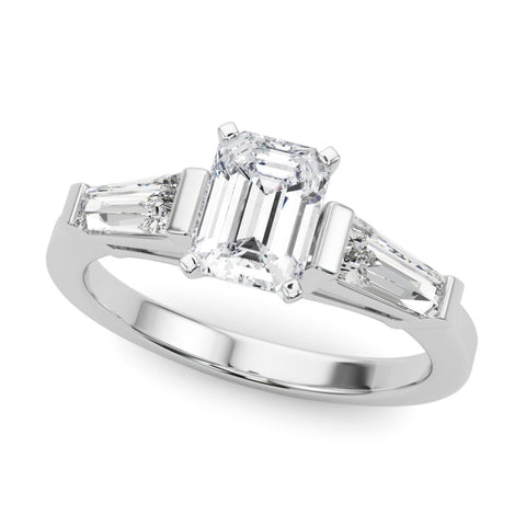 White gold Radiant Cut Diamond Solitaire Ring with Tapered Baguette Accents and Four-Prong Setting