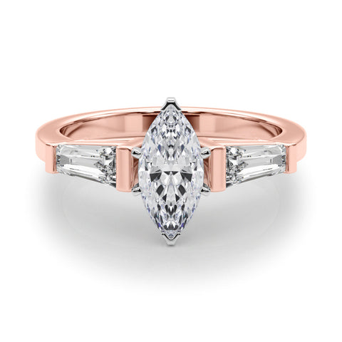 Rose gold Marquise Cut Diamond Solitaire Ring with Tapered Baguette Accents and Four-Prong Setting