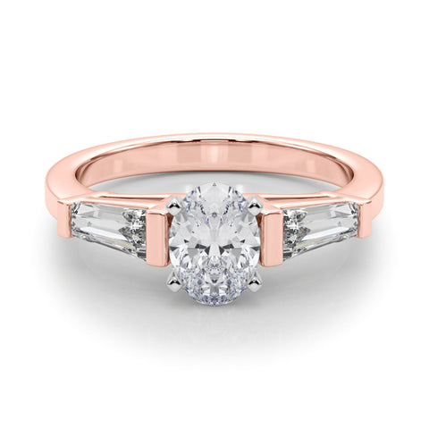 Rose gold Oval Cut Diamond Solitaire Ring with Tapered Baguette Accents and Four-Prong Setting
