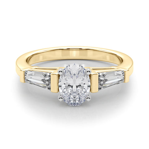 Yellow gold Oval Cut Diamond Solitaire Ring with Tapered Baguette Accents and Four-Prong Setting