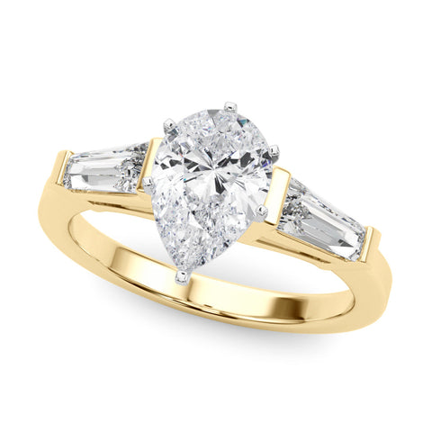 Yellow gold Pear Cut Diamond Solitaire Ring with Tapered Baguette Accents and Six-Prong Setting