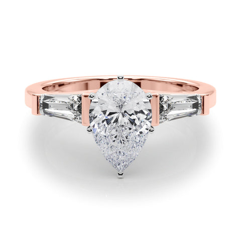 Rose gold Pear Cut Diamond Solitaire Ring with Tapered Baguette Accents and Six-Prong Setting
