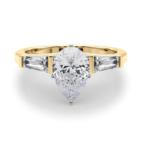 Yellow gold Pear Cut Diamond Solitaire Ring with Tapered Baguette Accents and Six-Prong Setting