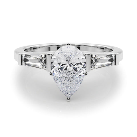 White gold Pear Cut Diamond Solitaire Ring with Tapered Baguette Accents and Six-Prong Setting