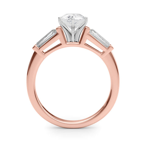 Rose gold Pear Cut Diamond Solitaire Ring with Tapered Baguette Accents and Six-Prong Setting